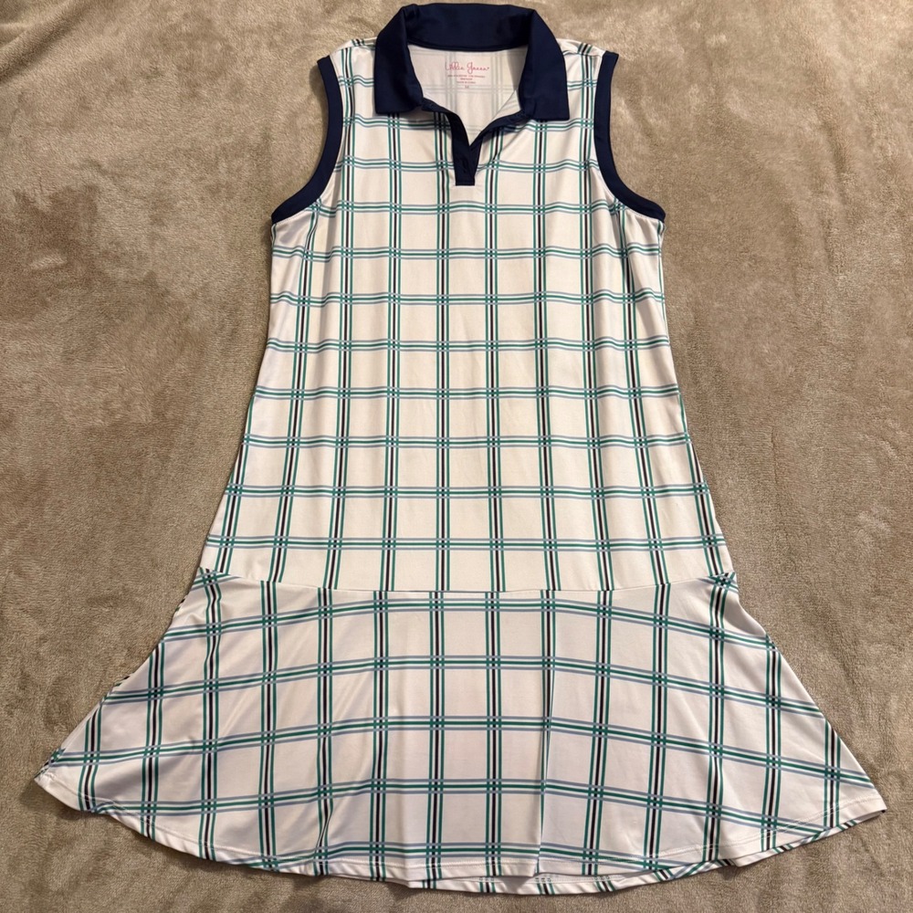 Lillie Green Womens Plaid Sleeveless Golf Dress Navy White Green Medium